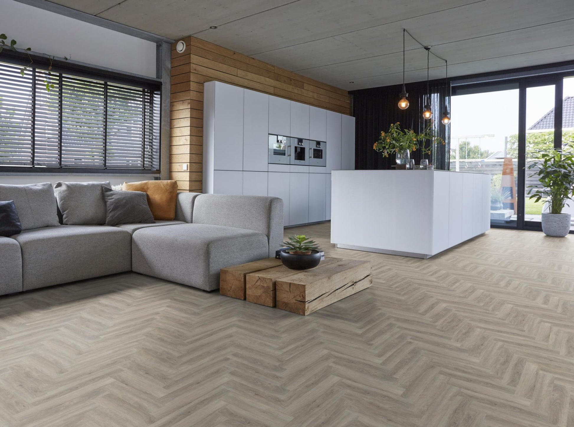 Floorlife Yup Herringbone Parramatta Light Grey Dryback PVC - Solza.nl