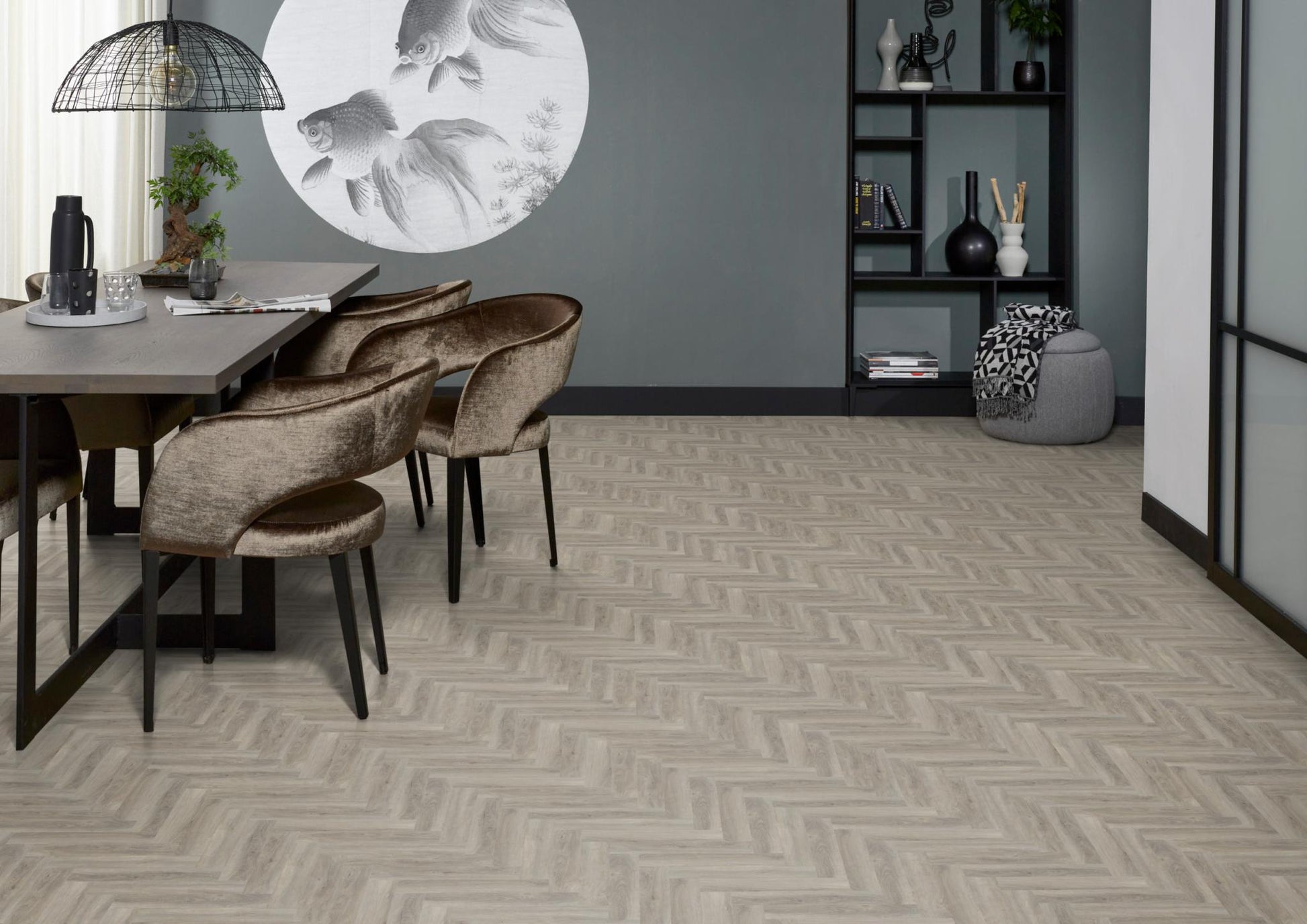 Floorlife Yup Herringbone Parramatta Light Grey Dryback PVC - Solza.nl